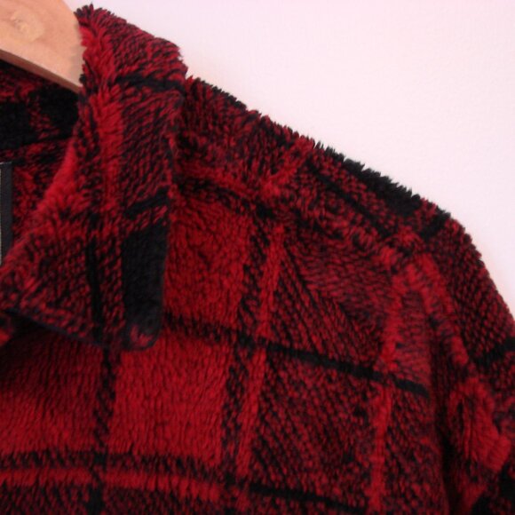 True Grit Black Red Plaid Sherpa Shirt Jacket Shacket Buffalo Plaid Large - Picture 4 of 11